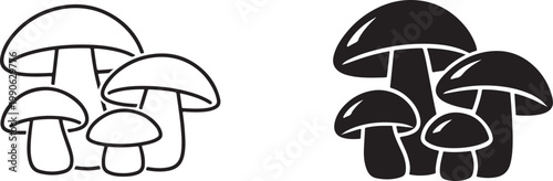 Mushroom and fungus group black silhouette and outline icon set for nature and forest vegetation.