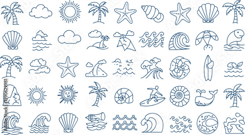Collection of iconic beach and tropical vacation symbols illustrated in black and white