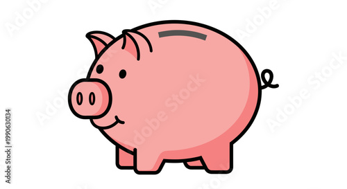 A pink, cartoon piggy bank with a slot on its back and a curly tail