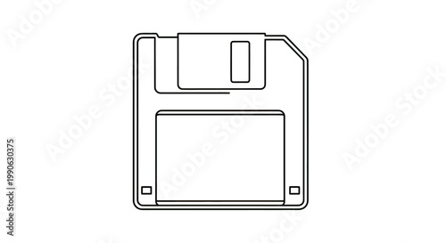 A simple black outline drawing of a floppy disk on a white background