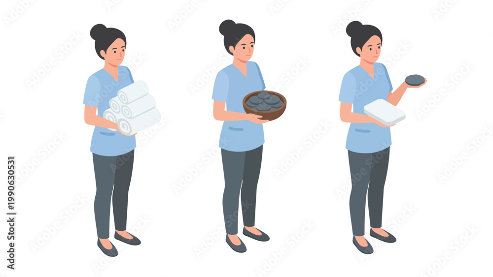 Fototapeta premium Isometric Service Worker Tasks: Clean Towels, Laundry Basket, and Room Amenities Preparation