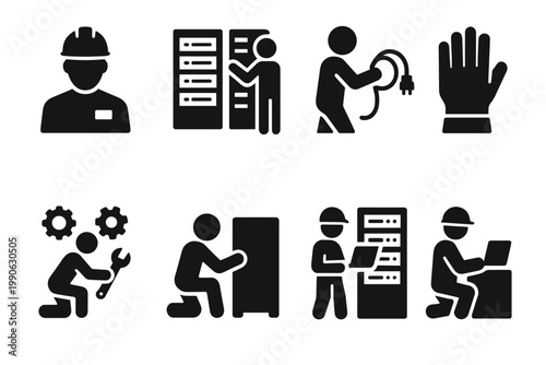 Data Center Icons. Data center technician. Filled icon set of Data center technician: technician silhouette,