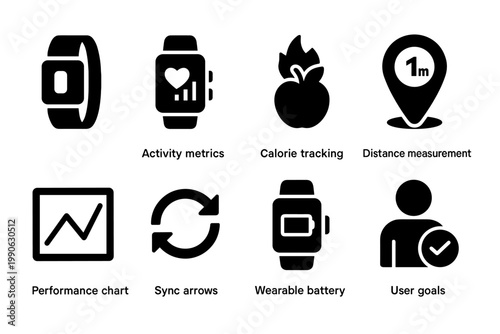 Fitness Tracker Icons. Fitness tracker development. Filled icon set of Fitness tracker development: fitness