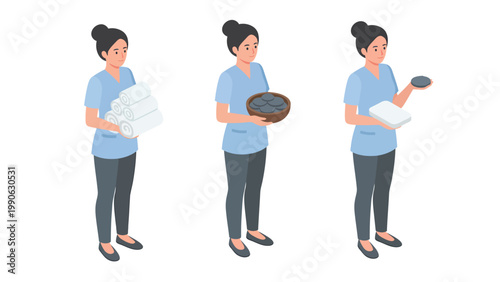 Isometric Service Worker Tasks: Clean Towels, Laundry Basket, and Room Amenities Preparation