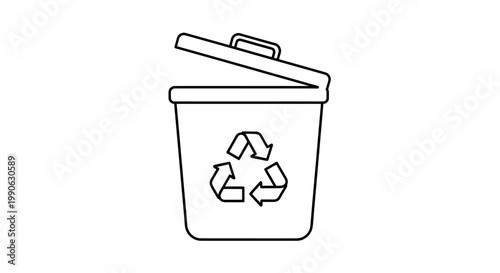 Line art of a trash can with an open lid and recycling symbol