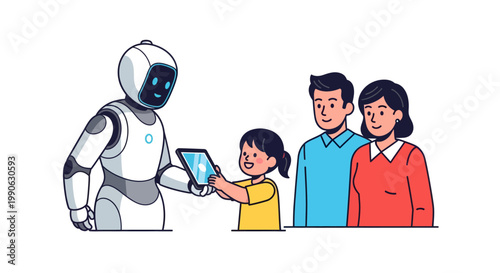 Robot giving tablet to family with kid, happy people and technology