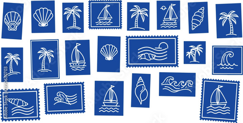 Vibrant collection of tropical-themed vintage postage stamps with nautical designs