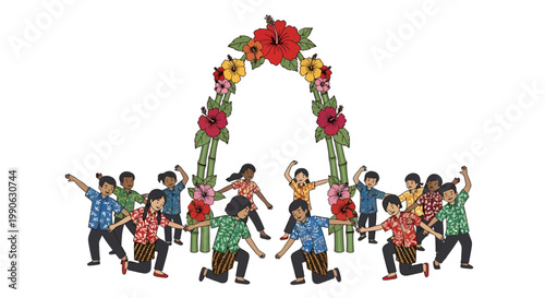 People dancing under colorful floral archway celebration