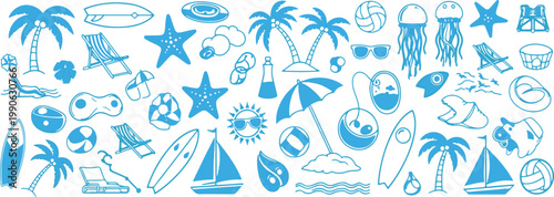 Vibrant beach and ocean themed icon collection with various elements