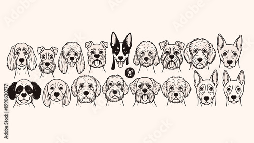 Diverse line drawing illustrations of various dog breeds in profile view