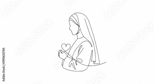 Line art illustration of a veiled mother cradling a baby in a calm, tender sketch celebrating motherhood and care