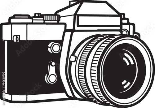 Camera, photography equipment, vector illustration, black and white, line art, camera icon