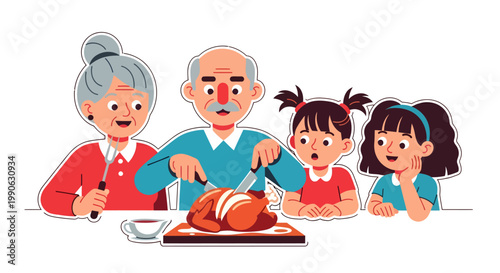 Happy family enjoying a roasted turkey together at the table