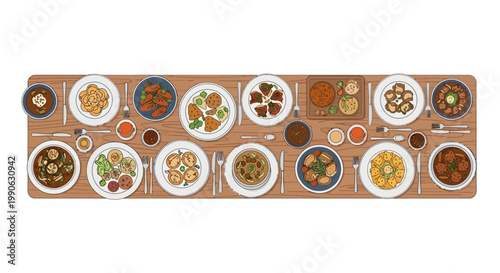 Variety of international cuisine dishes on a wooden table