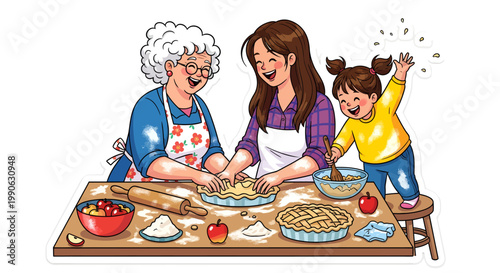 family baking apple pie together at home kitchen table