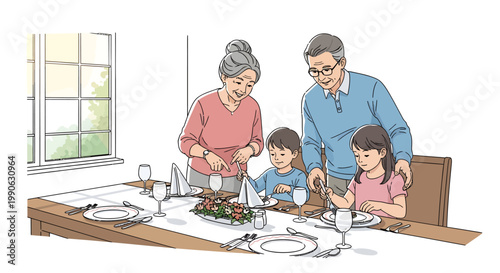 happy family setting table for dinner together at home
