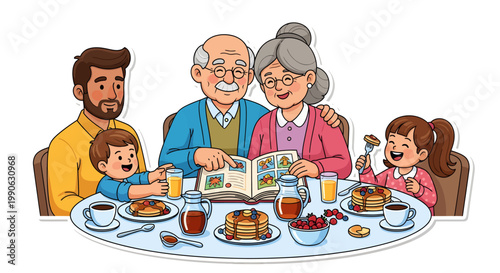 happy family having breakfast together at table