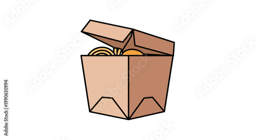 A simple illustration of an open take-out box filled with noodles