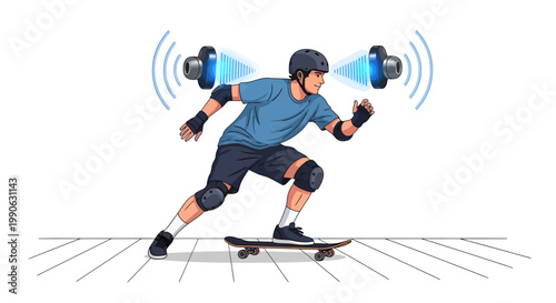 Man wearing VR headset and exercising with dumbbells on skateboard