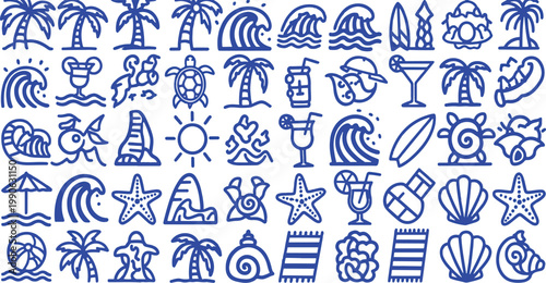 Vibrant collection of tropical and beach-themed icons with various elements and activities