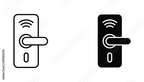 Smart electronic door lock with contactless access symbol outline and solid black silhouette icons for security tech