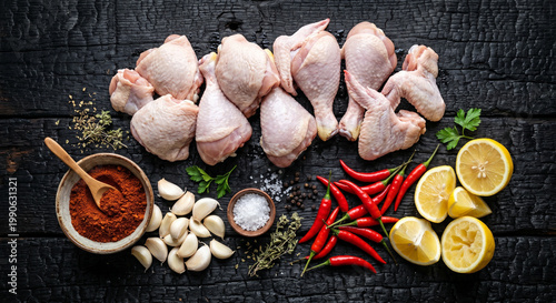 Overhead flat lay of Piri Piri Chicken ingredients on charred blackened wood