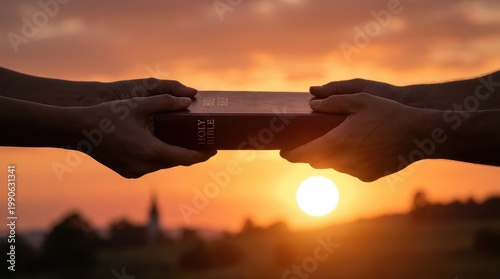 Hands offering the Holy Bible, church evangelism concept, spreading the Gospel of Jesus Christ and love.
