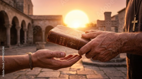 Hands offering the Holy Bible, church evangelism concept, spreading the Gospel of Jesus Christ and love.