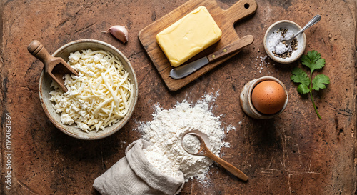 Overhead flat lay of Khachapuri bread ingredients on textured baking stone
