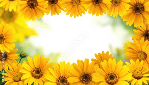 A vibrant frame of golden yellow daisies surrounds a bright white space.