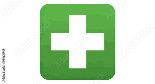 A white cross on a rounded green rectangle, symbolizing medical aid