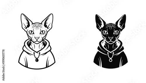 Sphynx cat wearing hoodie silhouette vector icon set in black and white line art and solid style for modern pet fashion branding and veterinary clinic graphic design or social media imagery