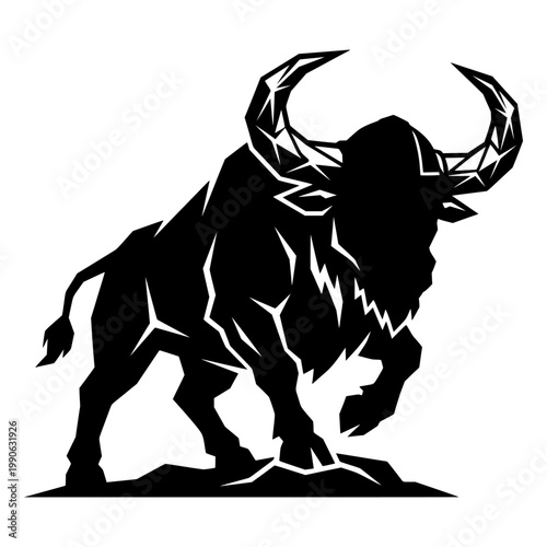 A black silhouette of a bull standing on a rock