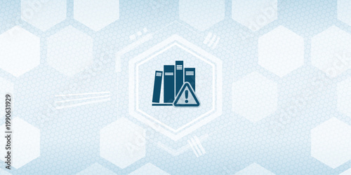 Abstract background with a digital folder archive icon featuring a warning triangle sign representing data error, system corruption, or file management issues in computing