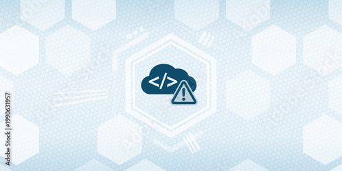Cloud coding security error concept with warning sign symbol showing potential development vulnerability risk and software bug technical issue on digital abstract background