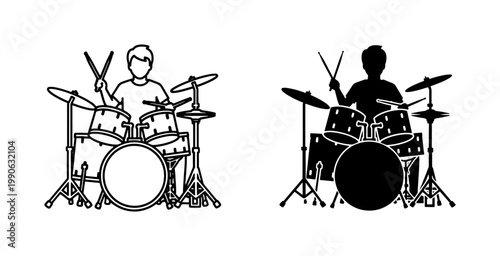 Drummer playing acoustic kit silhouette and line art icons