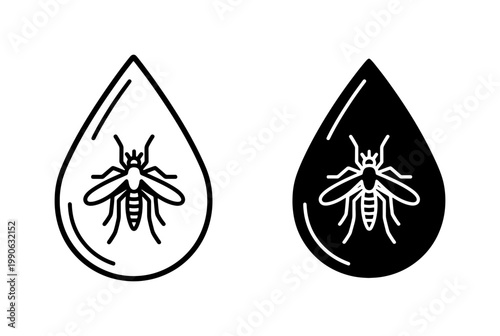 Mosquito inside water drop icon set for pest control