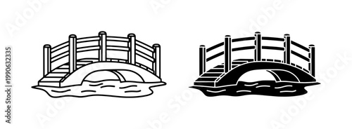Wooden Garden Bridge Icon Set over Water