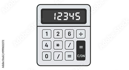 A simple gray calculator with a digital display showing "12345" and numeric buttons