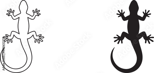 Lizard black silhouette and outline icon set representing tropical reptiles and wildlife nature.