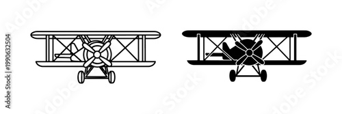 Vintage Biplane Front View Outline and Silhouette Set