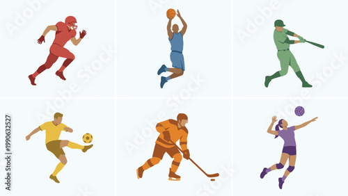 Minimalist Flat Design Icons of Athletes Playing Different Sports