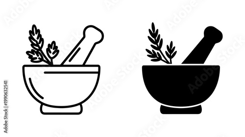 Mortar and Pestle Icon Set with Herbal Leaves