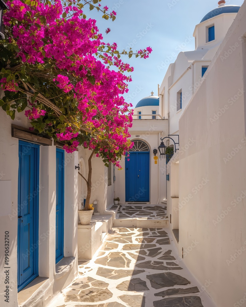 Fototapeta premium Mediterranean street with white facades and colorful blooms, showcasing tourism, architecture and serene atmosphere