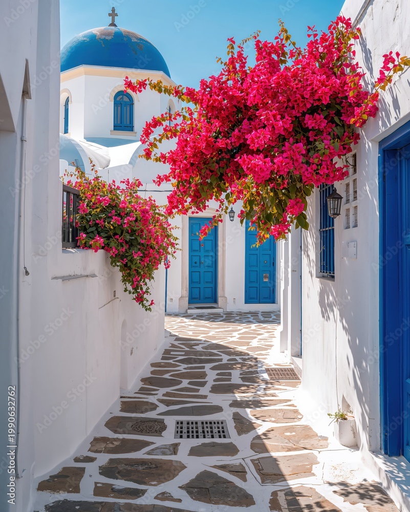 Fototapeta premium Traditional Greek street with bright flowers and white buildings, highlighting tourism, scenic beauty and architectural charm