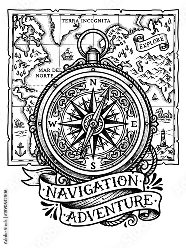 Detailed illustration of an antique brass compass with a banner proclaiming 'Navigation Adventure'