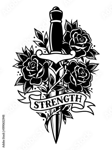 A stylized black and white illustration of a dagger entwined with roses and a banner proclaiming