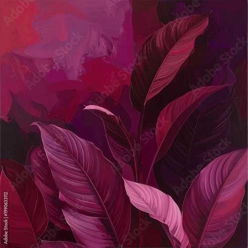 A vibrant and stylized painting showcases lush, deep red and pink foliage against a blurred, abstract background, creating a striking and modern botanical composition.