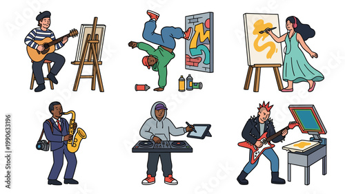 Diverse Creative Hobbies & Arts Illustration: Music, Painting, Dance, Digital Production. People express passions.