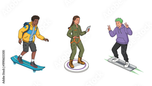 Diverse young people with modern tech: skateboarding, piloting, and hoverboarding. Character vector illustration.